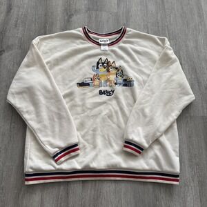 Bluey Sweater Mens 1XL White Crewneck Cartoon Family Pullover Red Trim TV Show